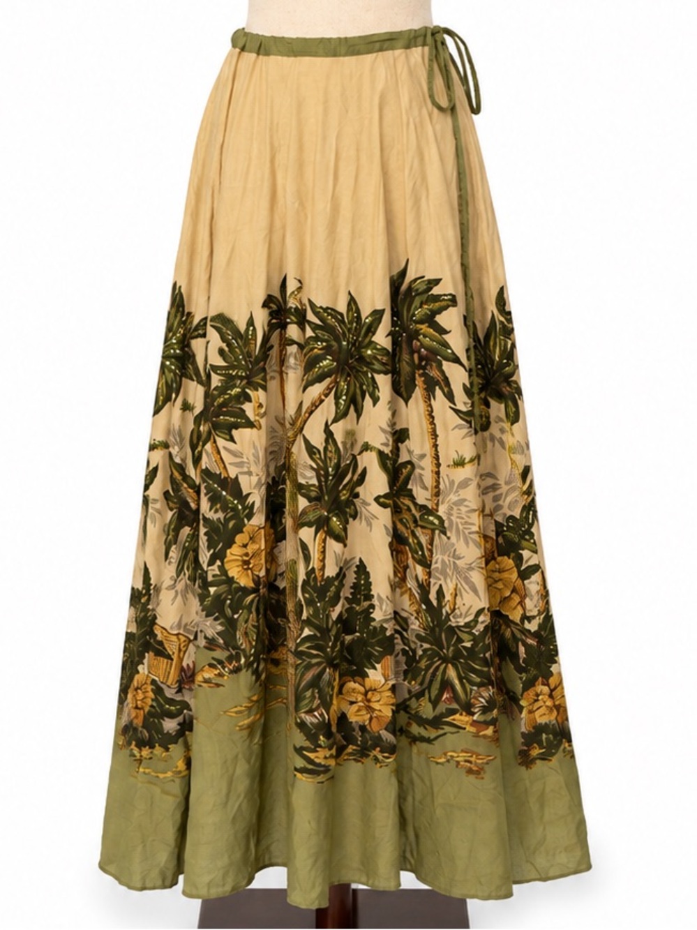 Bohemian Palm-Print Maxi Skirt- Olive & Beige w sequin accents, draw string. MT